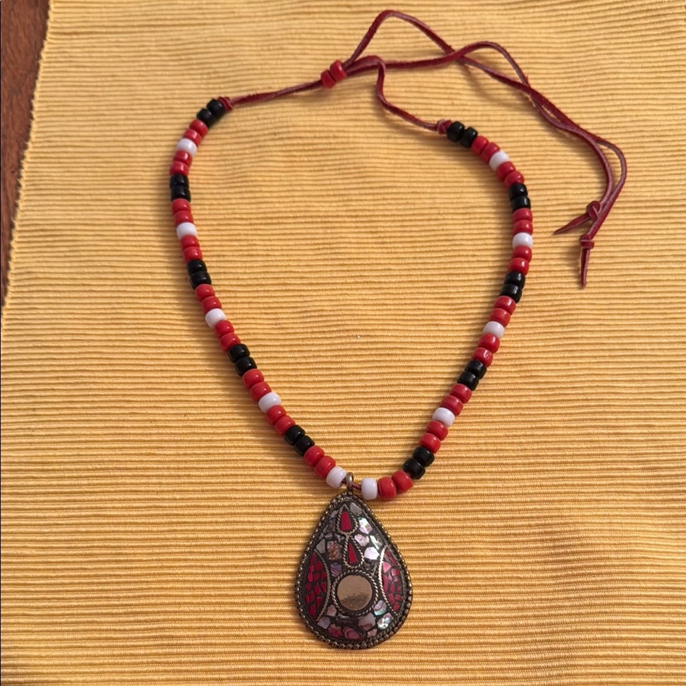 Red and Black Tribal-Inspired Necklace with Teardrop Pendant